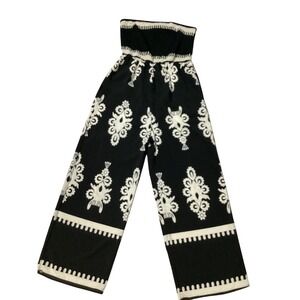 PrettyGarden Strapless Black‎ White Wide Leg Jumpsuit Women's Size L Boho Romper